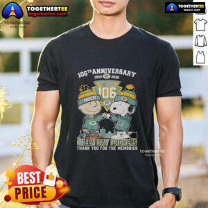Official Green Bay Packers outfit featuring Snoopy and Charlie Brown 106th Anniversary 1920-2026 T-shirt design.