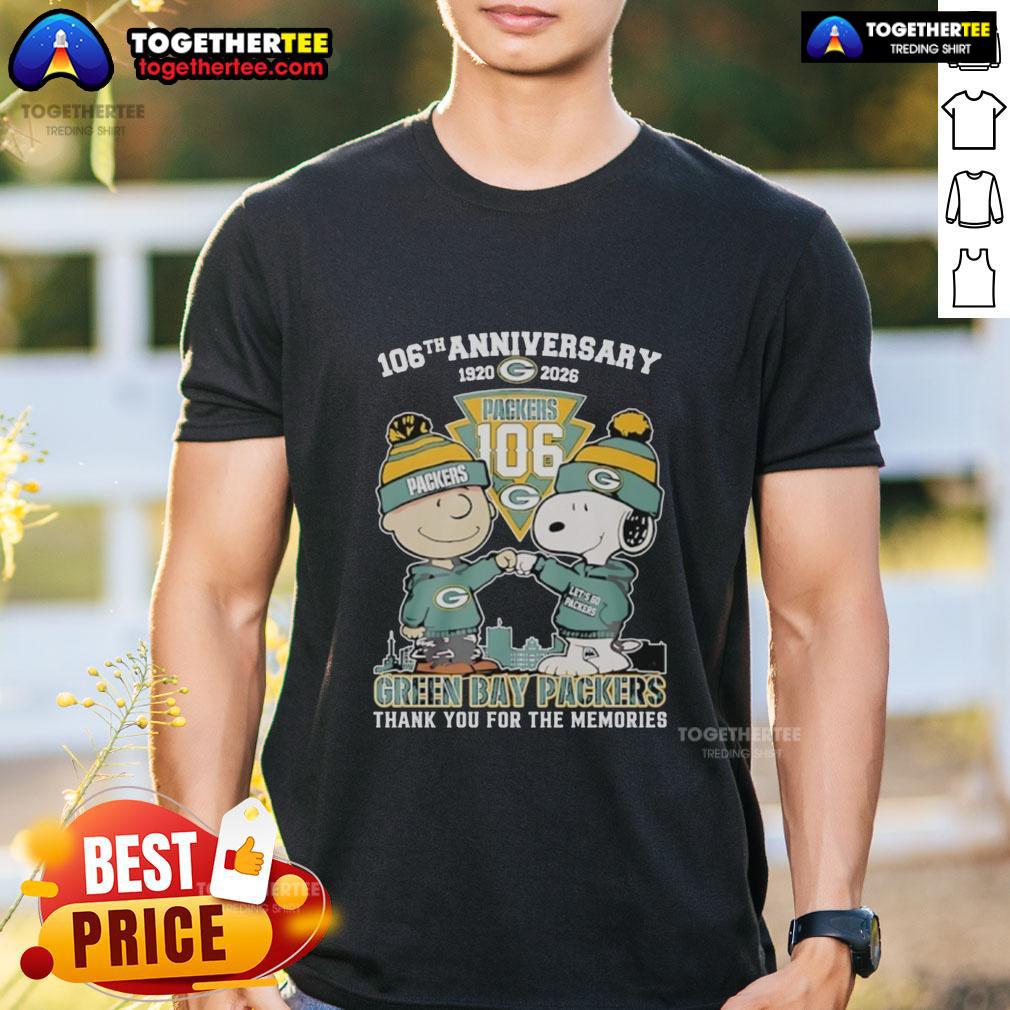 Official Green Bay Packers outfit featuring Snoopy and Charlie Brown 106th Anniversary 1920-2026 T-shirt design.