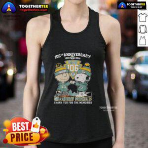 Alt Text: Official Green Bay Packers outfit featuring Snoopy and Charlie Brown tank top for the 106th anniversary (1920-2026).