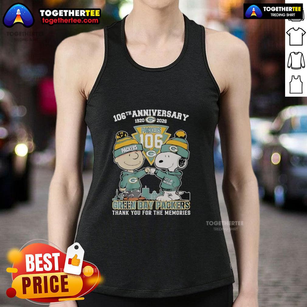 Alt Text: Official Green Bay Packers outfit featuring Snoopy and Charlie Brown tank top for the 106th anniversary (1920-2026).