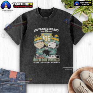 Alt Text: Official Green Bay Packers outfit featuring Snoopy and Charlie Brown on a 106th Anniversary washed t-shirt.
