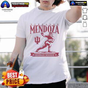 Alt Text: Official Indiana Football Fernando Mendoza Heisman Trophy T-Shirt showcasing team pride and sports memorabilia.