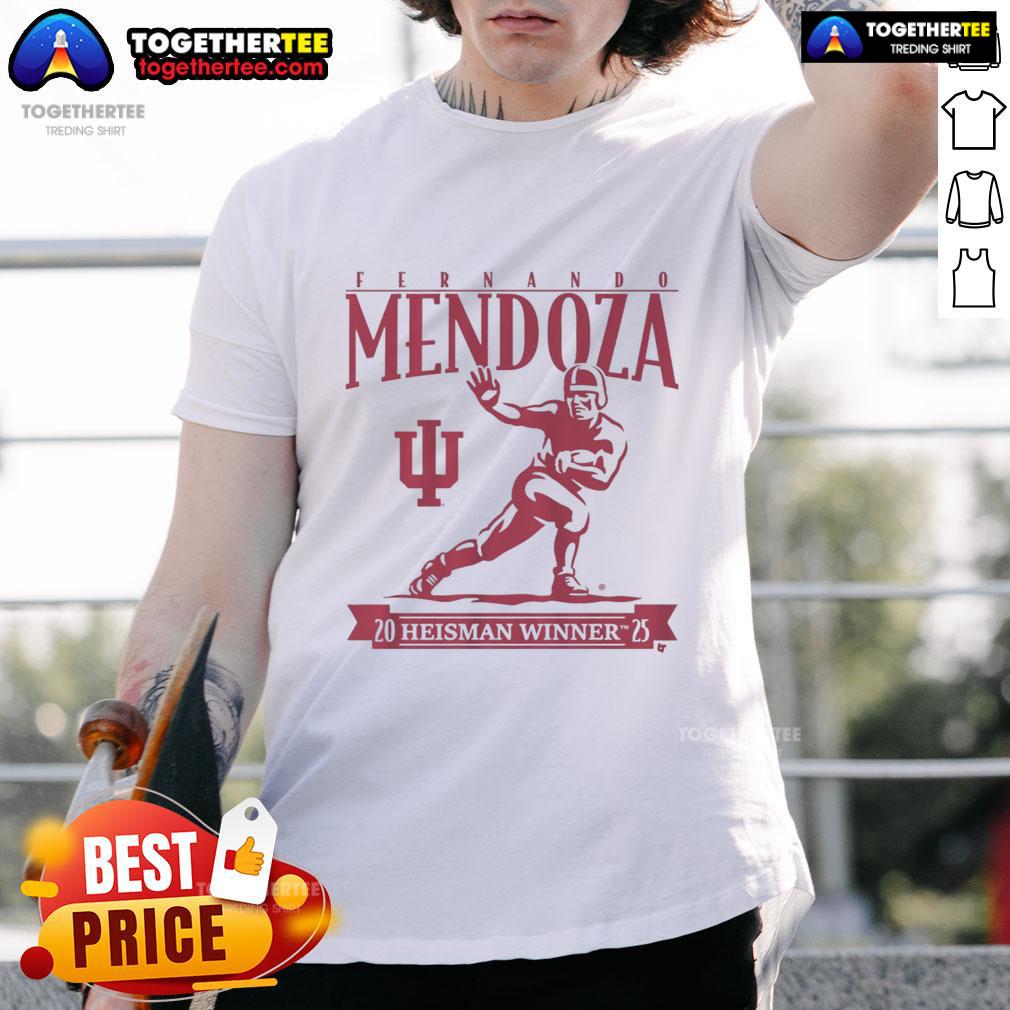 Alt Text: Official Indiana Football Fernando Mendoza Heisman Trophy T-Shirt showcasing team pride and sports memorabilia.