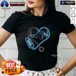 Official Love Carolina Panthers Stethoscope Headphones Tee for Ladies, perfect for fans showcasing team spirit.