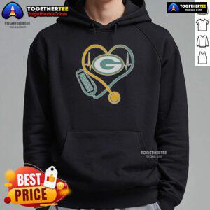 Green Bay Packers hoodie featuring stethoscope headphones, perfect for fans and healthcare enthusiasts.