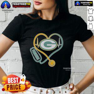 Official Love Green Bay Packers Stethoscope Headphones Tee for Ladies, perfect for passionate football fans.