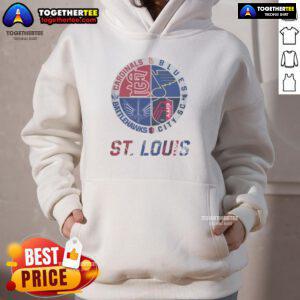 Official St. Louis Cardinals, Blues, Battlehawks, and City SC hoodie showcasing team logos and colors.