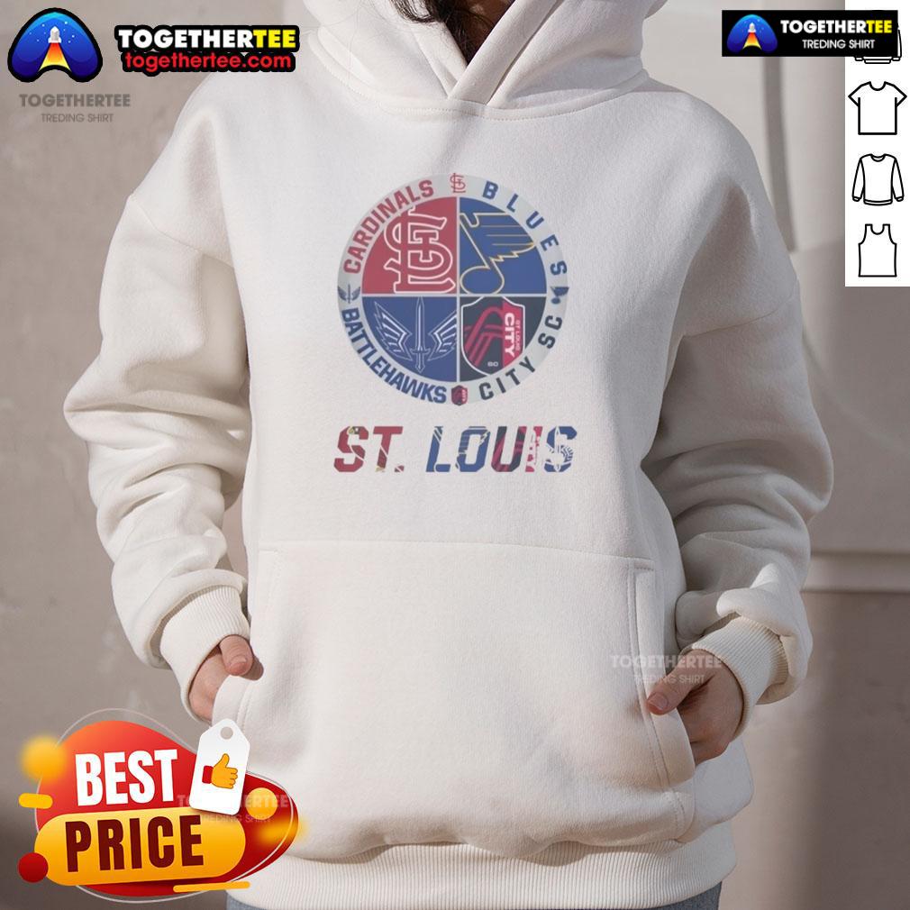 Official St. Louis Cardinals, Blues, Battlehawks, and City SC hoodie showcasing team logos and colors.