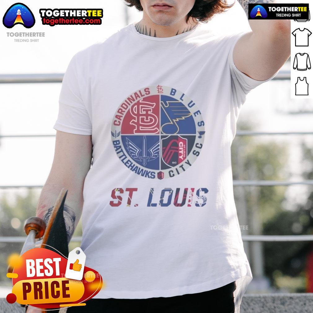 Official St. Louis Cardinals, Blues, Battlehawks, and City SC T-Shirt showcasing team logos and vibrant colors.
