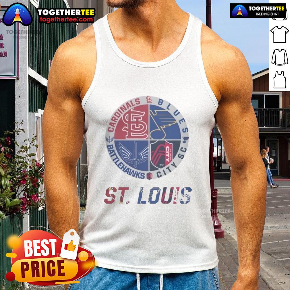 Official St. Louis Cardinals, Blues, Battlehawks, and City SC tank top featuring team logos and vibrant colors.