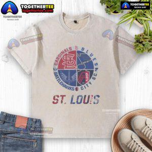 Official St. Louis Cardinals, Blues, Battlehawks, and City SC washed t-shirt featuring team logos, perfect for fans.