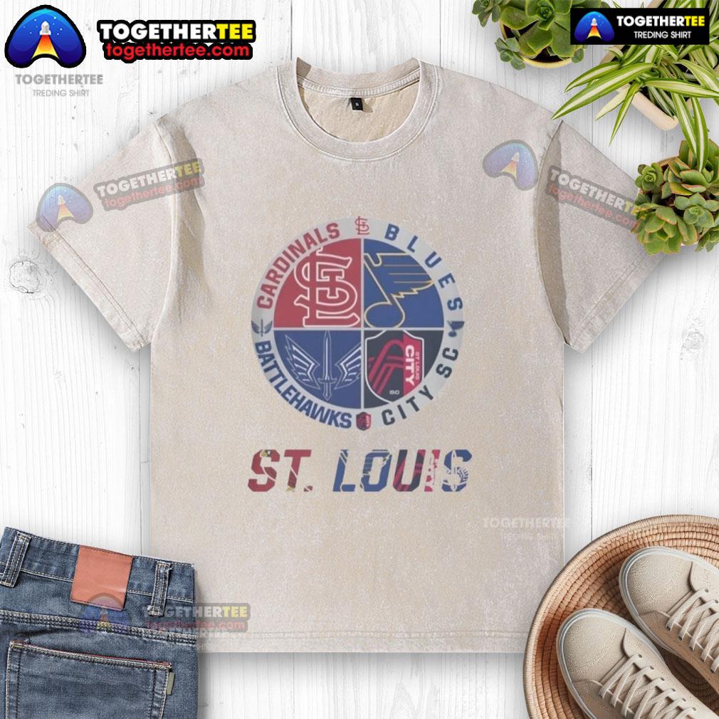 Official St. Louis Cardinals, Blues, Battlehawks, and City SC washed t-shirt featuring team logos, perfect for fans.