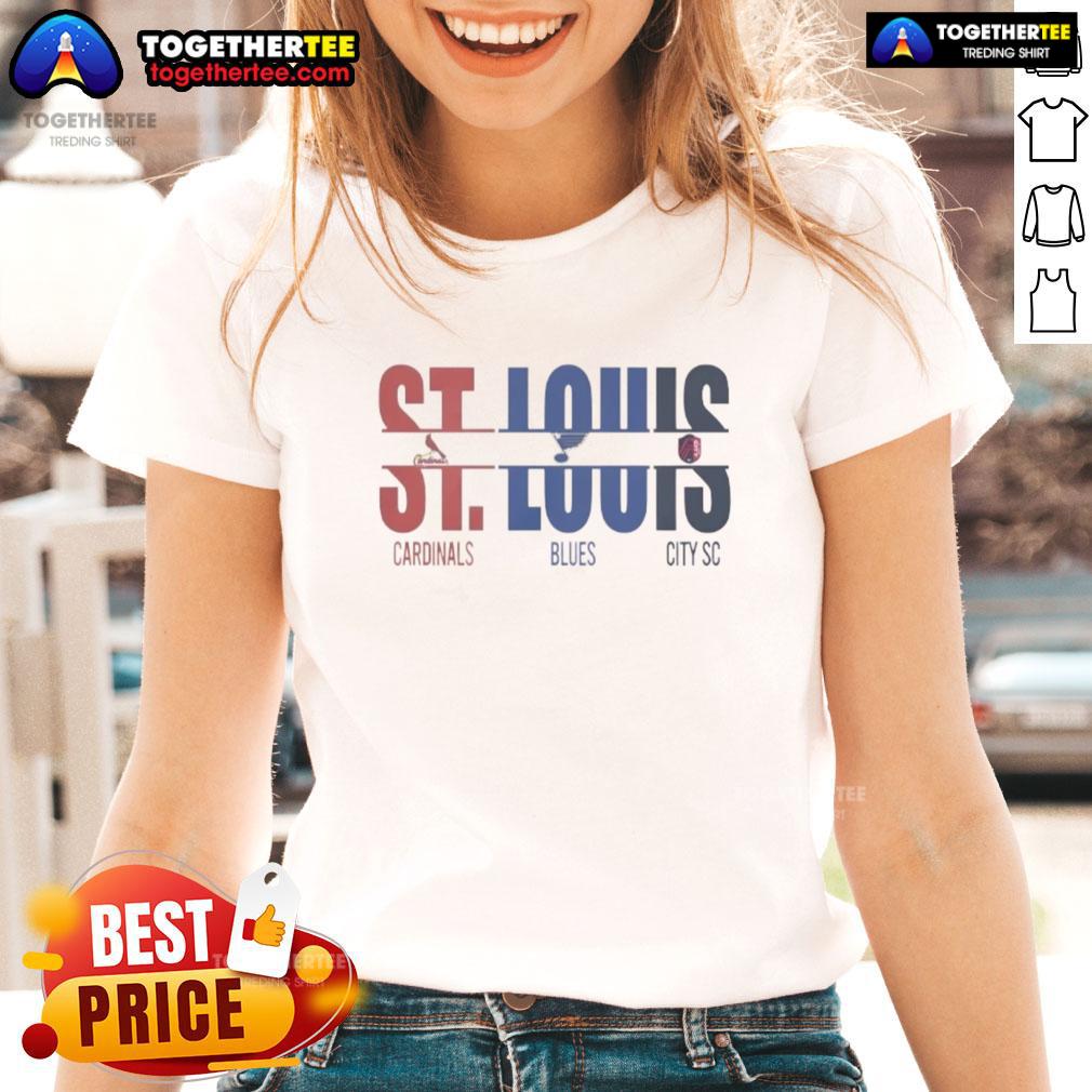 Stylish ladies tee featuring St. Louis City SC, Cardinals, and Blues logos, perfect for sports fans in St. Louis.