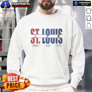 Official St. Louis City SC sweatshirt featuring St. Louis Cardinals and Blues cut text design, perfect for fans.