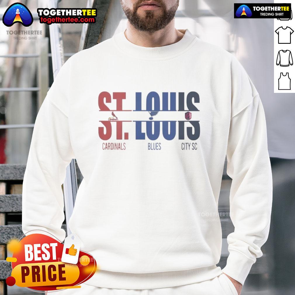 Official St. Louis City SC sweatshirt featuring St. Louis Cardinals and Blues cut text design, perfect for fans.