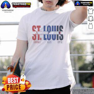 Alt Text: Official St. Louis City SC, Cardinals, Blues T-Shirt featuring team logos and cut text design for sports fans.