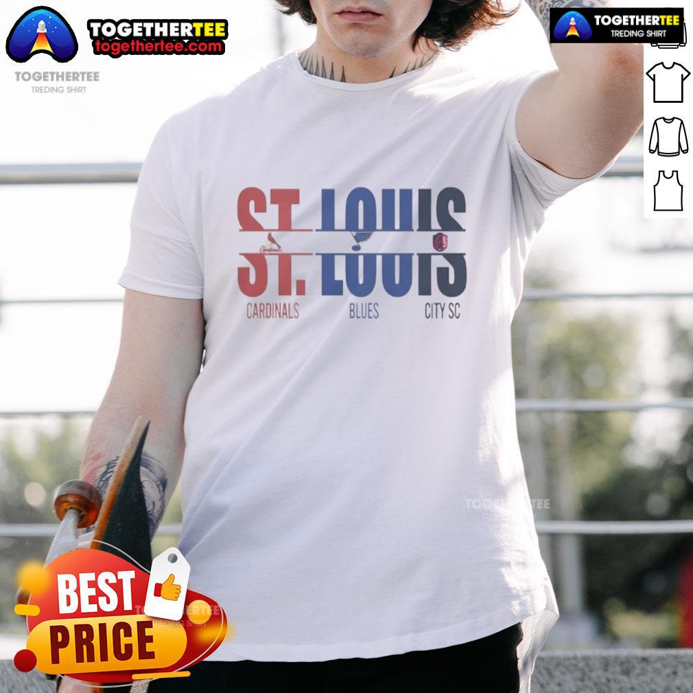 Alt Text: Official St. Louis City SC, Cardinals, Blues T-Shirt featuring team logos and cut text design for sports fans.