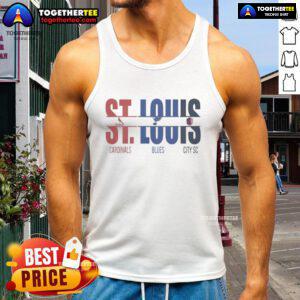 Official St. Louis City SC, Cardinals, and Blues tank top featuring bold team logos and cut text design.