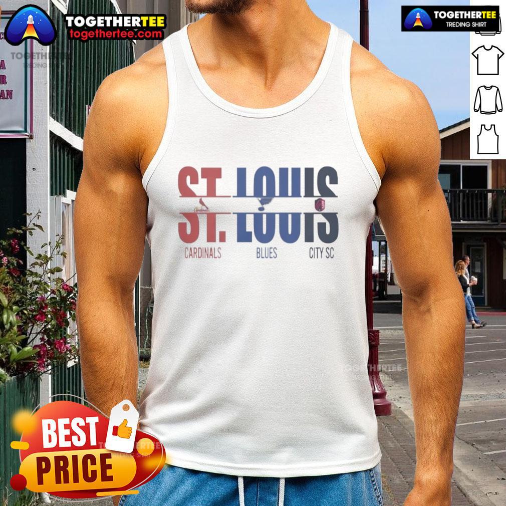 Official St. Louis City SC, Cardinals, and Blues tank top featuring bold team logos and cut text design.