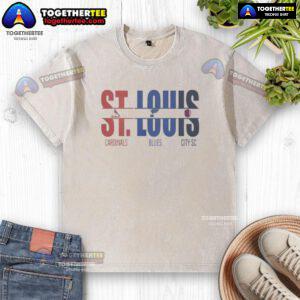 Official St. Louis City SC, Cardinals, and Blues washed t-shirt featuring cut text design for sports fans.