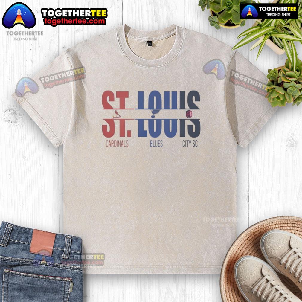Official St. Louis City SC, Cardinals, and Blues washed t-shirt featuring cut text design for sports fans.