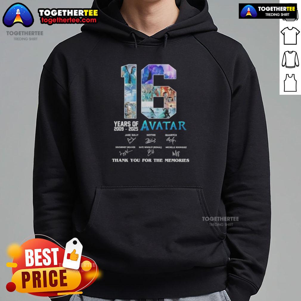 Original 16 Years 2009-2025 Avatar Movies 3 hoodie with signatures, celebrating the film franchise's legacy.
