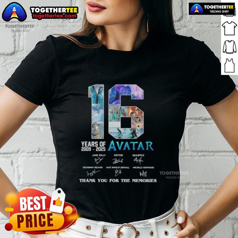 Alt Text: Original 16 Years Avatar Movies 3 Thank You For The Memories signatures ladies tee shirt design 2009-2025
