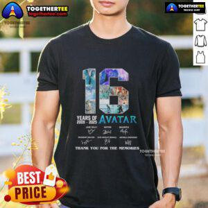 Alt Text: Original 16 Years 2009-2025 Avatar Movies T-Shirt featuring Thank You For The Memories signatures design.