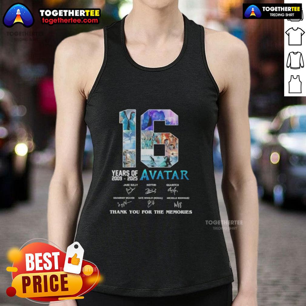 Alt Text: Tank top featuring 'Thank You For The Memories' signatures from Avatar movies 2009-2025, celebrating 16 years.