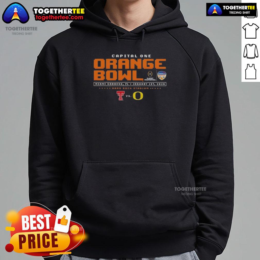 Alt Text: Original Capital One Orange Bowl hoodie featuring Texas Tech Red Raiders vs Oregon Ducks, Miami Gardens FL design.