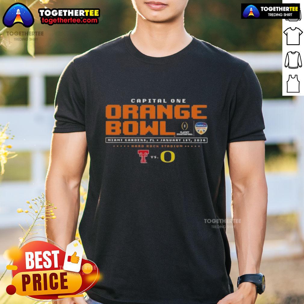 Alt Text: Original Capital One Orange Bowl T-Shirt featuring Texas Tech Red Raiders vs Oregon Ducks in Miami Gardens, FL.