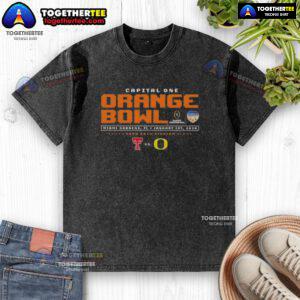 Original Capital One Orange Bowl washed t-shirt featuring Texas Tech Red Raiders vs Oregon Ducks design in Miami Gardens, FL.