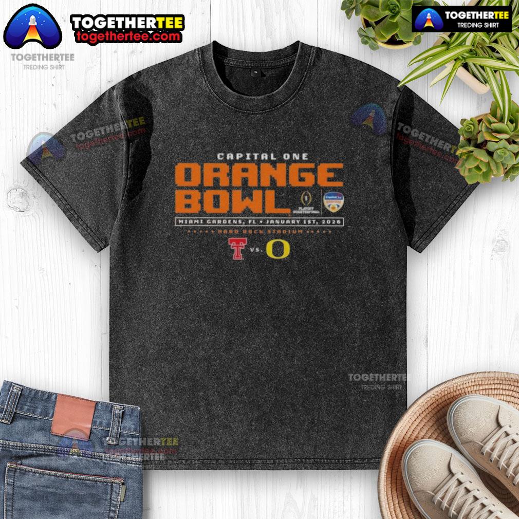 Original Capital One Orange Bowl washed t-shirt featuring Texas Tech Red Raiders vs Oregon Ducks design in Miami Gardens, FL.