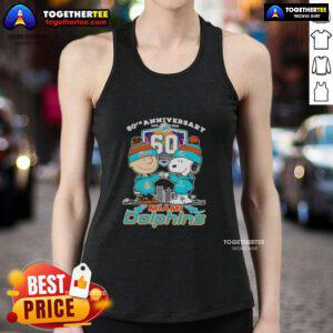 Original Charlie Brown fist bump with Snoopy on Miami Dolphins skyline tank top for 60th anniversary 1965-2025.