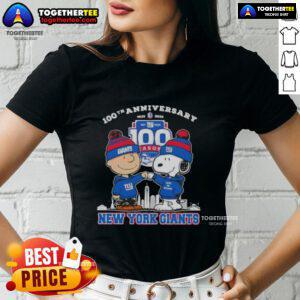 Original Charlie Brown x Snoopy 100th Anniversary Ladies Tee for New York Giants Football, celebrating 1925-2025.