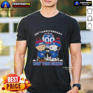 Original Charlie Brown X Snoopy 100th Anniversary T-Shirt celebrating 1925-2025, featuring New York Giants football design.