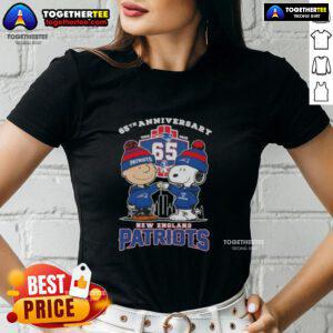Original Charlie Brown X Snoopy 65th Anniversary tee celebrating New England Patriots Football for ladies, 1960-2025.