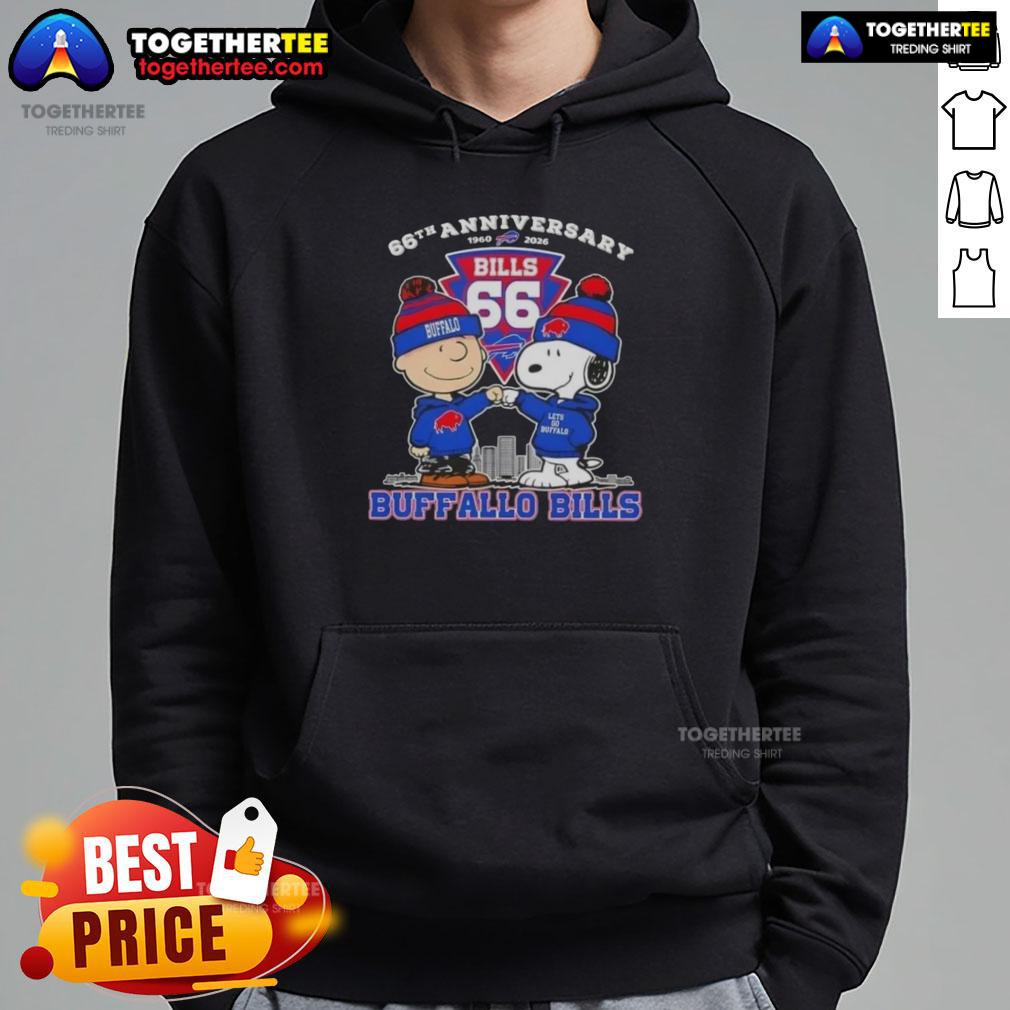 Original Charlie Brown x Snoopy 66th Anniversary hoodie featuring Buffalo Bills football design, 1960-2026.