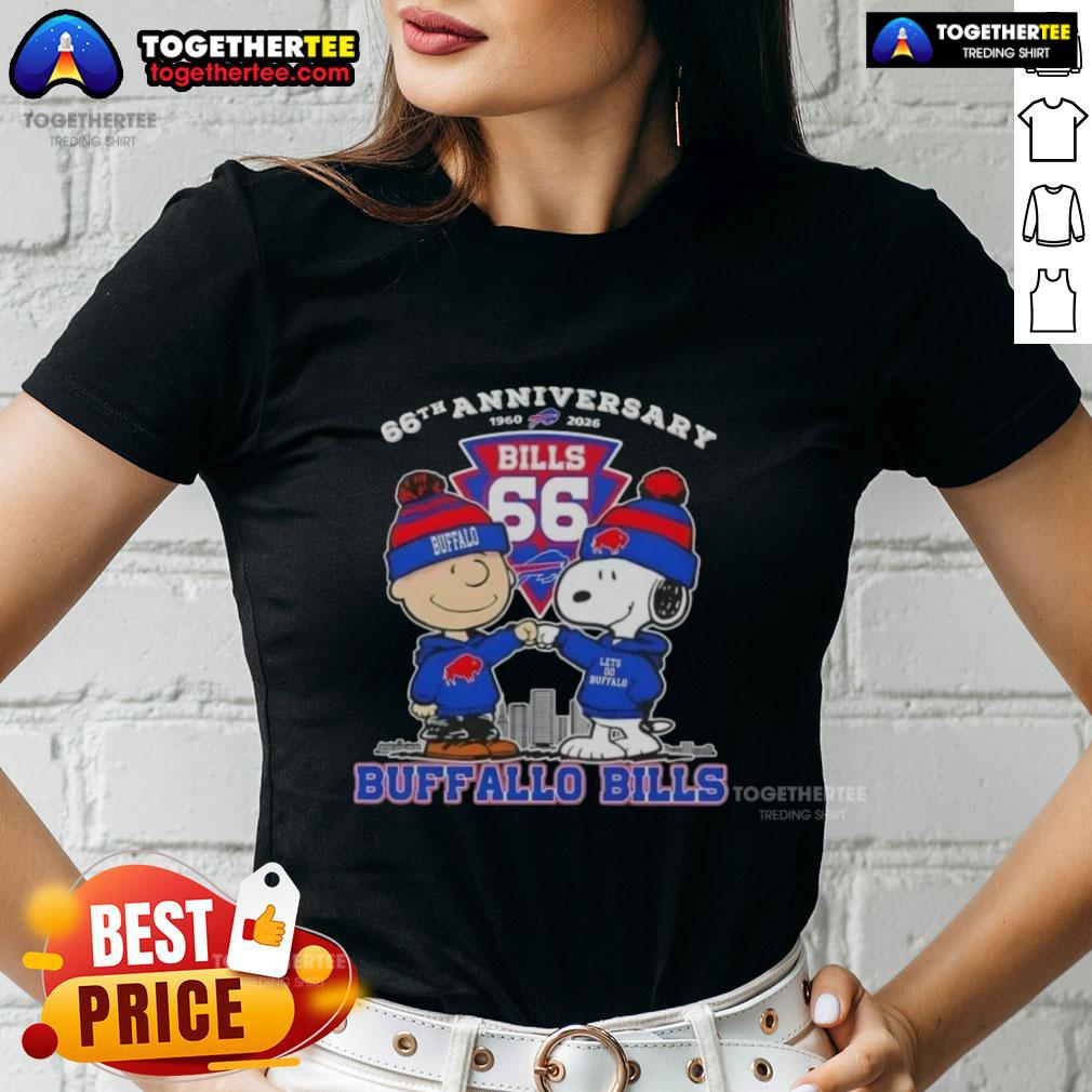 Alt Text: Original Charlie Brown x Snoopy 66th Anniversary Buffalo Bills Football Ladies Tee, celebrating 1960-2026.