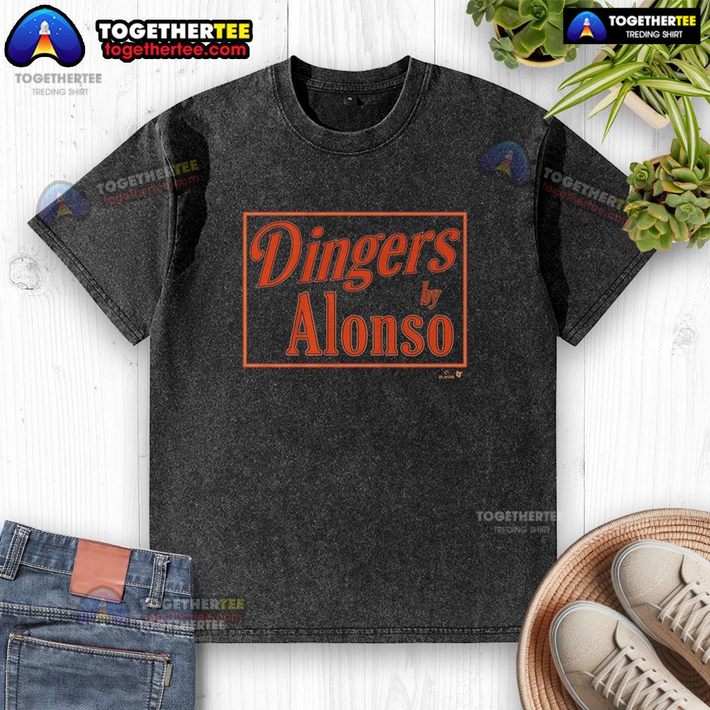 Alt Text: Original Pete Alonso Baltimore Dingers sign on a washed t-shirt, showcasing MLB fan merchandise.