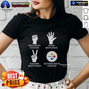 Alt Text: Original Pittsburgh Steelers ladies tee featuring 'Nothing Beats Rock, Scissors Paper Beats Rock' graphic design.