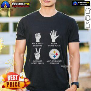 Alt Text: Original Pittsburgh Steelers T-Shirt featuring Nothing Beats Rock Beats Scissors Paper Beats Rock Scissors Beats Paper design.