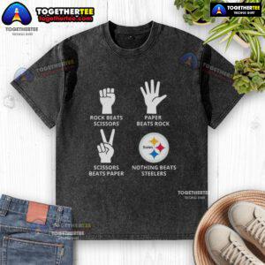 Original Pittsburgh Steelers washed t-shirt featuring 'Nothing Beats Rock, Scissors, Paper Beats Rock, Scissors Beats Paper' design.