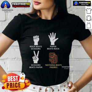 Original San Diego Padres tee featuring 'Nothing Beats Rock, Paper, Scissors' design for ladies.