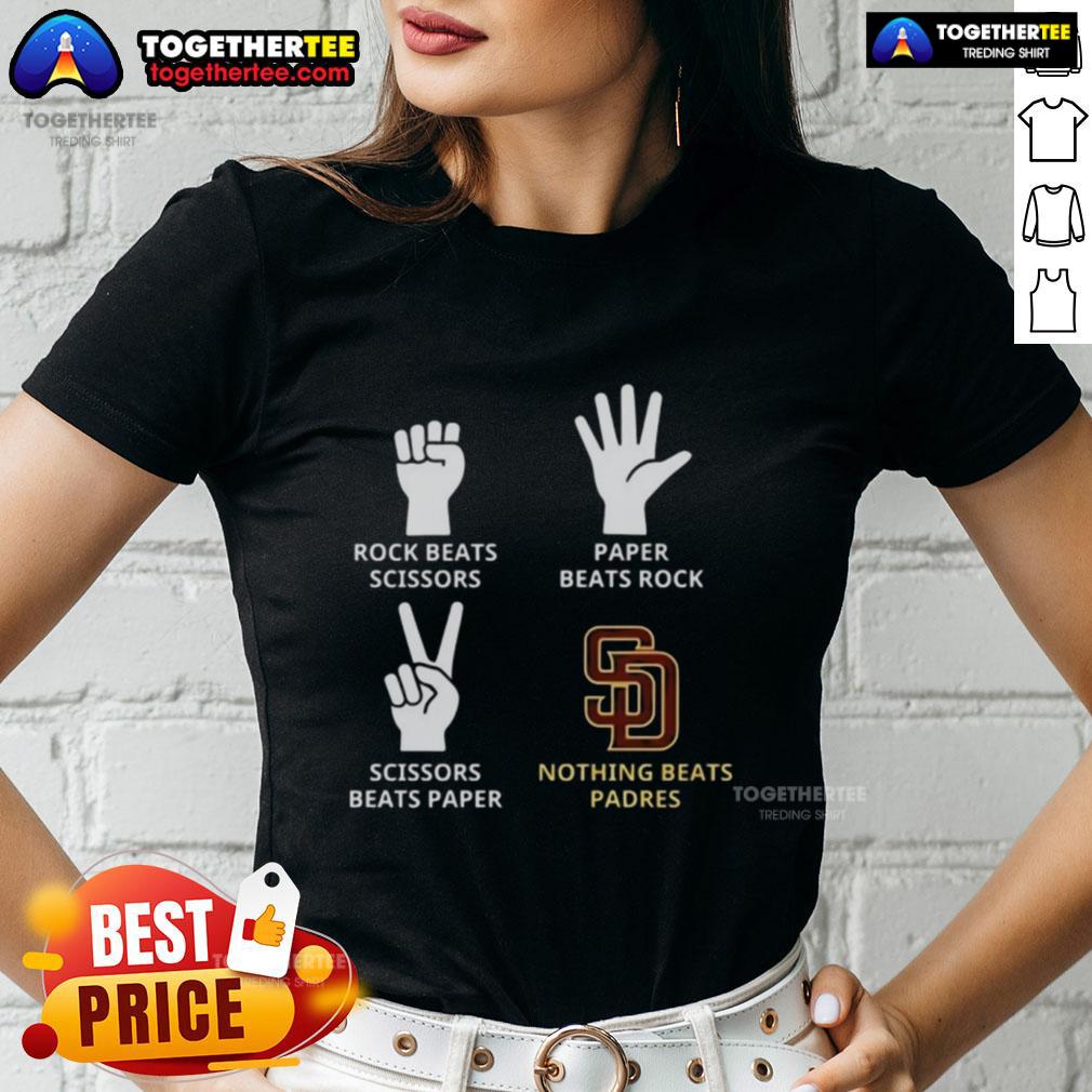 Original San Diego Padres tee featuring 'Nothing Beats Rock, Paper, Scissors' design for ladies.