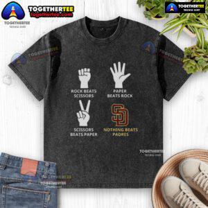 Alt Text: Original San Diego Padres t-shirt featuring Nothing Beats Rock, Paper, Scissors graphic design in vibrant colors.