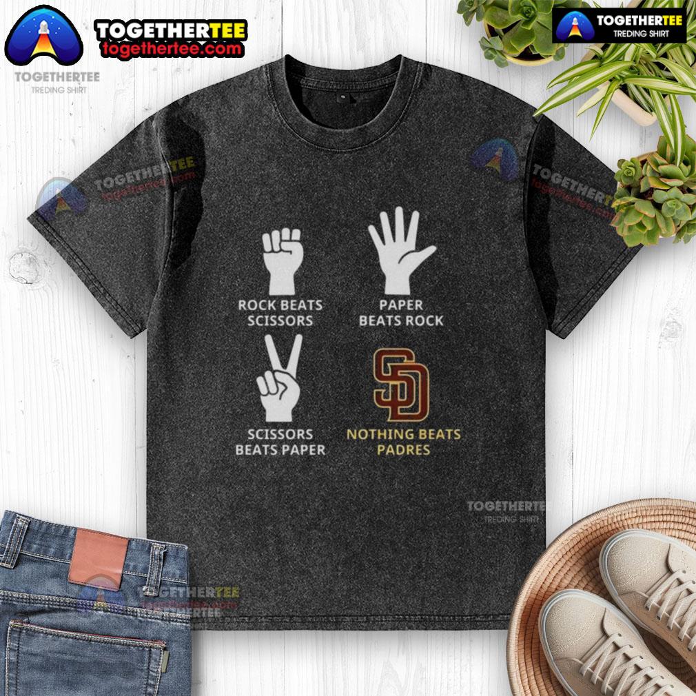 Alt Text: Original San Diego Padres t-shirt featuring Nothing Beats Rock, Paper, Scissors graphic design in vibrant colors.