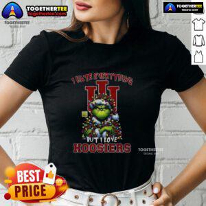 Original Santa Grinch tee for ladies, featuring 'I Hate Everything But I Love Indiana Hoosiers' for a Merry Christmas vibe.