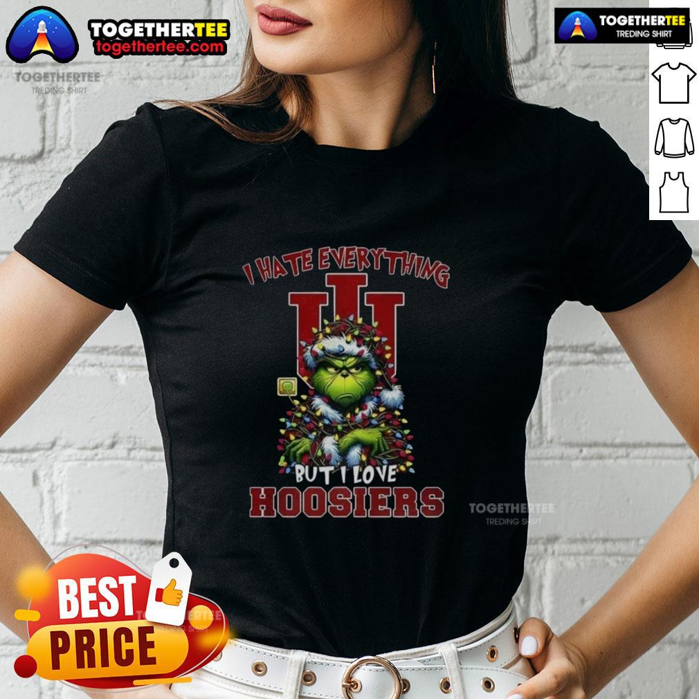 Original Santa Grinch tee for ladies, featuring 'I Hate Everything But I Love Indiana Hoosiers' for a Merry Christmas vibe.