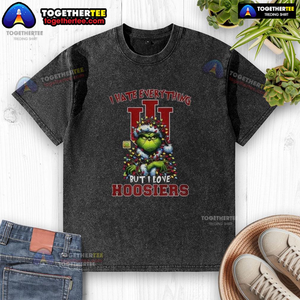 Original Santa Grinch 'I Hate Everything But I Love Indiana Hoosiers' Merry Christmas washed t-shirt design.